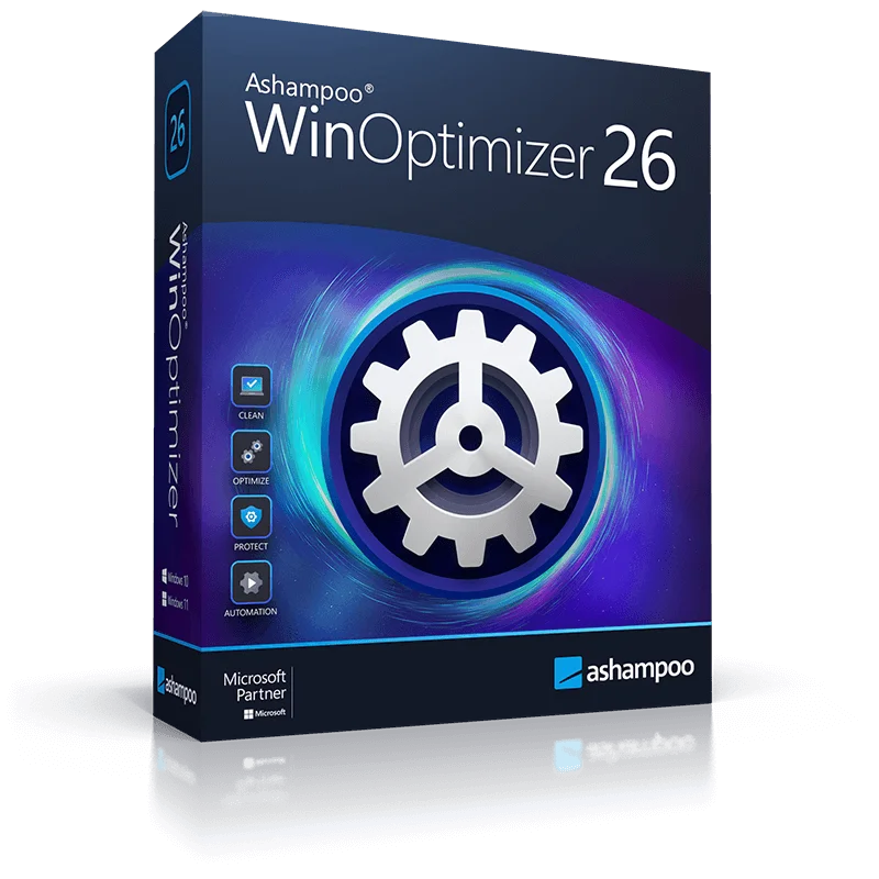 Ashampoo WinOptimizer 26 Box mit Zahnradsymbol und blauer Gr