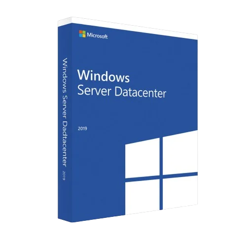 Verpackung des Microsoft Windows Server Datacenter 2019 mit blauem Design und weißen Details