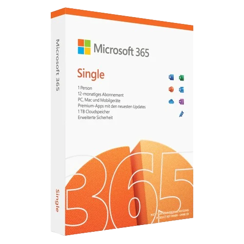 Produktverpackung von Microsoft 365 Single mit 12-monatigem Abonnement für PC, Mac und Mobilgeräte.