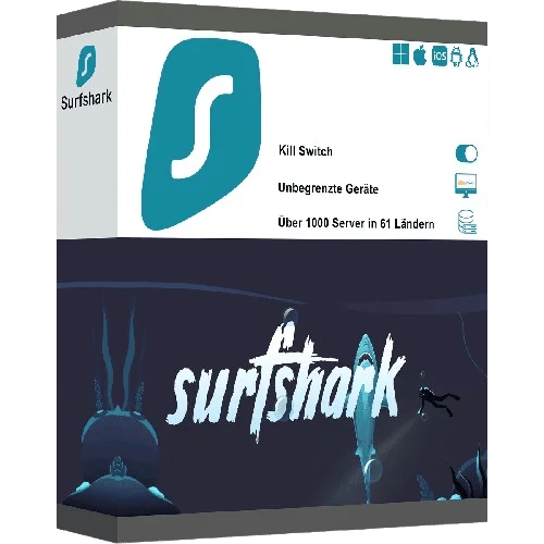 Surfshark VPN Software Verpackung mit Logo und Features