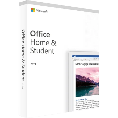 Verpackung von Microsoft Office Home & Student 2019 mit sichtbarer Word-Anwendung