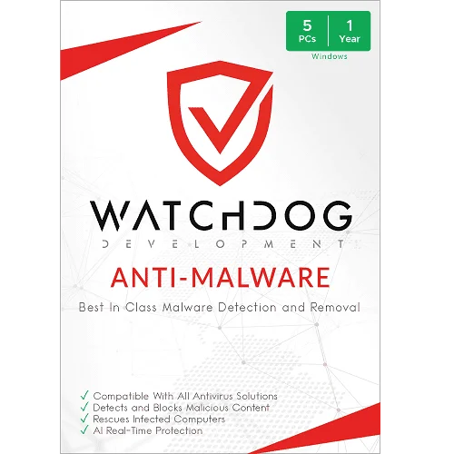 Verpackung der Watchdog Development Anti-Malware Software, bietet umfassenden Schutz und Erkennung für 5 PCs, gültig für 1 Jahr.