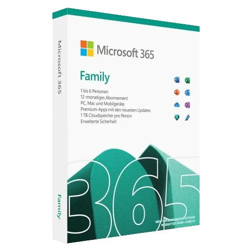 Microsoft 365 Family Box mit 12-monatigem Abonnement für PC, Mac und mobile Geräte, für 1 bis 6 Personen mit 1 TB Cloudspeicher