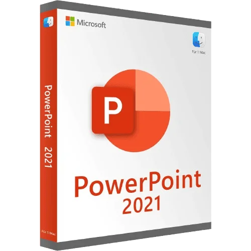 Produktverpackung von Microsoft PowerPoint 2021 für Mac, geeignet zur Erstellung professioneller Präsentationen.