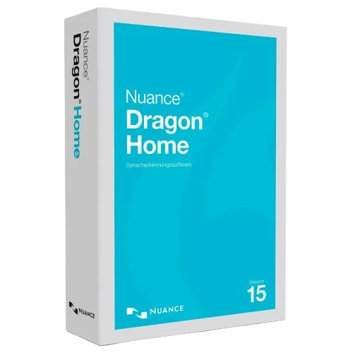 Produktverpackung der Nuance Dragon Home Spracherkennungssoftware Version 15 in Türkis