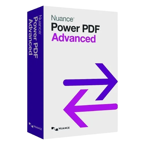 Verpackung der Nuance Power PDF Advanced Software mit lila Pfeilsymbolen