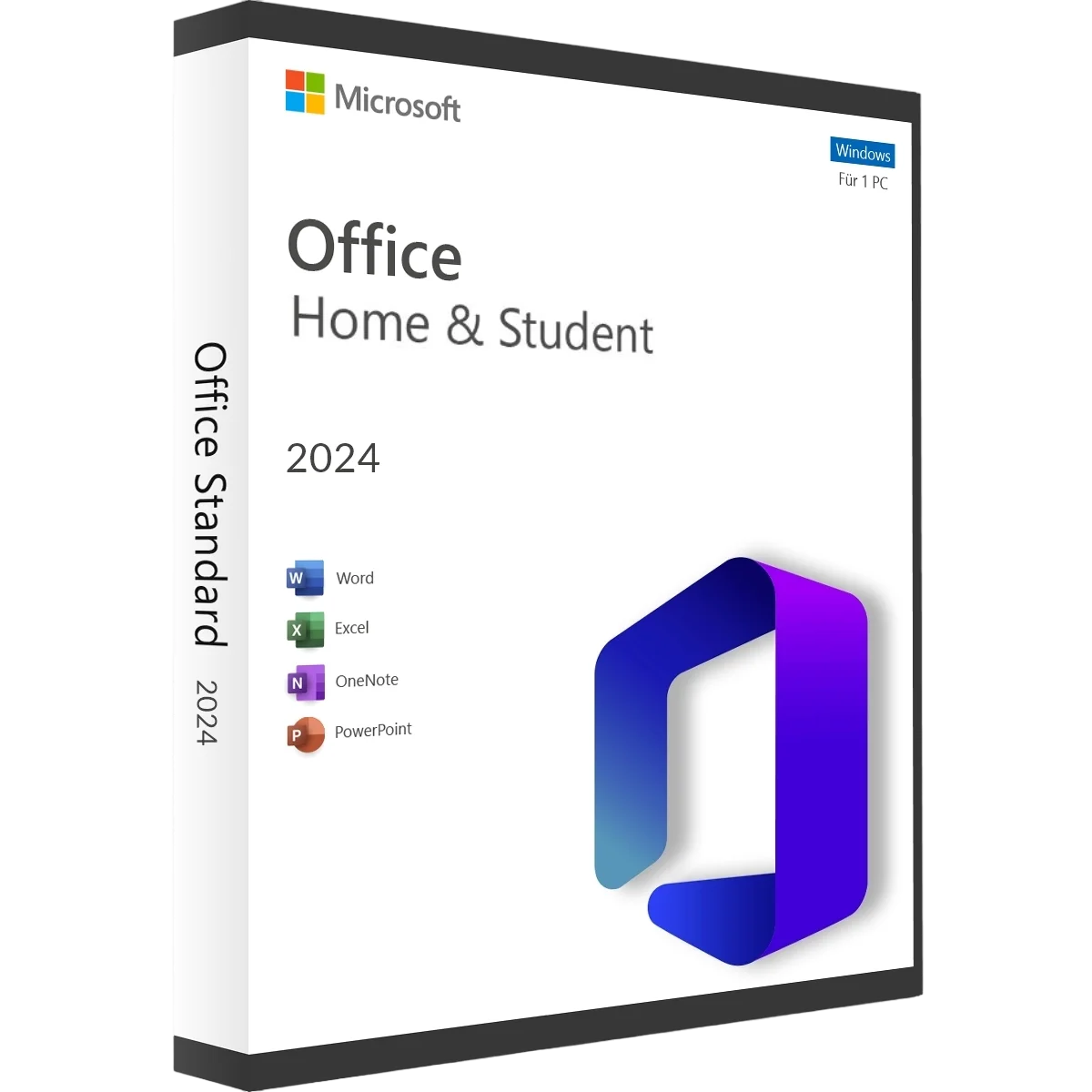 Verpackung von Microsoft Office Home & Student 2024 mit den Programmen Word, Excel, OneNote und PowerPoint für Windows-PCs
