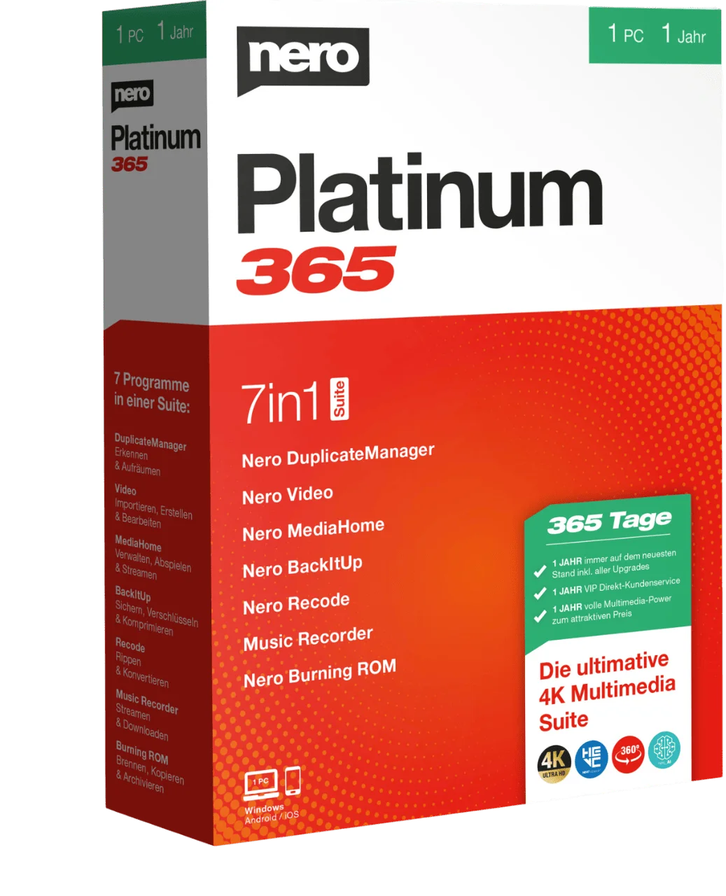Verpackung der Nero Platinum 365 Software mit 7-in-1 Suite für Multimedia-Management, inklusive Videobearbeitung, Medienverwaltung und Backup-Lösungen. 1 PC für 1 Jahr.