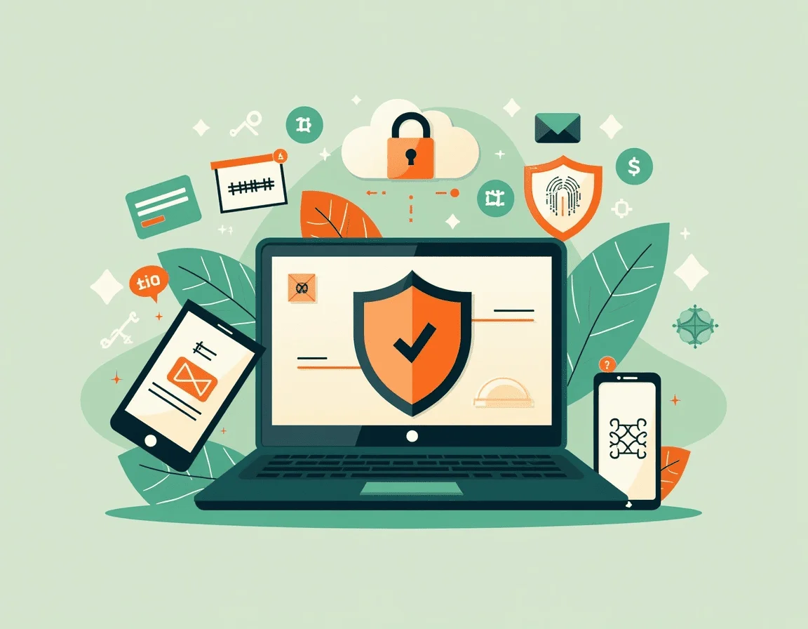 Grafik zeigt einen Laptop mit Schildsymbol und Mobilgeräte, umgeben von Sicherheitssymbolen wie Schloss und Fingerabdruck, symbolisiert Cybersicherheit.