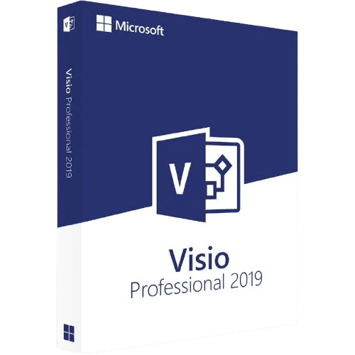Produktverpackung von Microsoft Visio Professional 2019 in Blau und Weiß