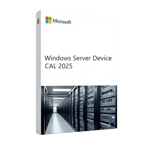 Verpackung der Microsoft Windows Server Device CAL 2025 mit Abbildung eines Serverraums