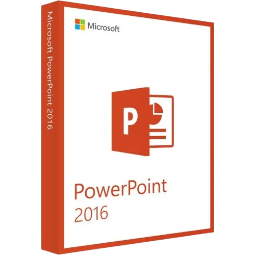 Verpackung der Microsoft PowerPoint 2016 Software mit Logo und Branding
