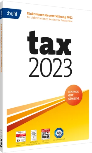 Verpackung der Steuersoftware tax 2023 für die Einkommenssteuererklärung 2022, geeignet für Arbeitnehmer, Rentner und Pensionäre.