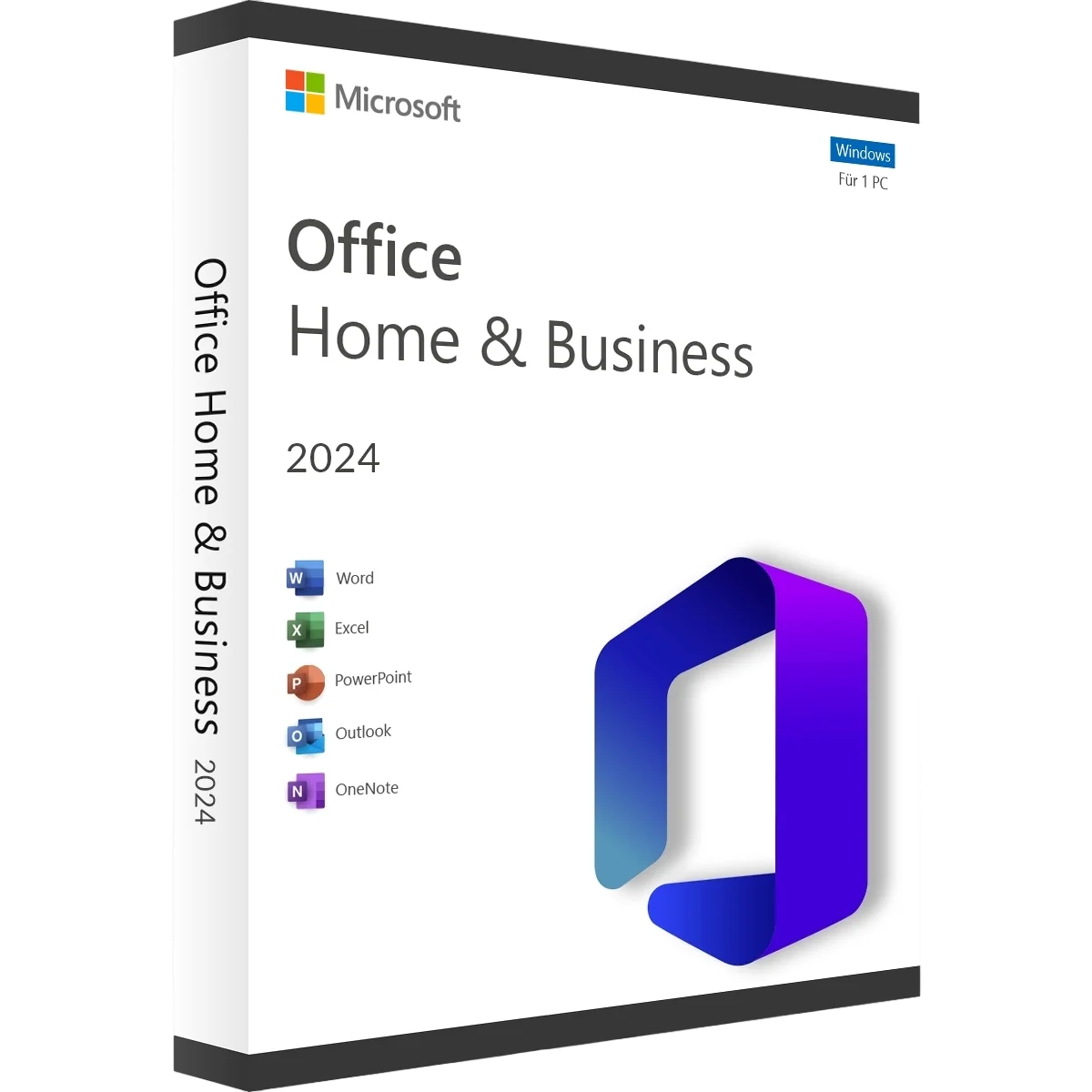 Verpackung von Microsoft Office Home & Business 2024, enthält Word, Excel, PowerPoint, Outlook und OneNote für Windows.